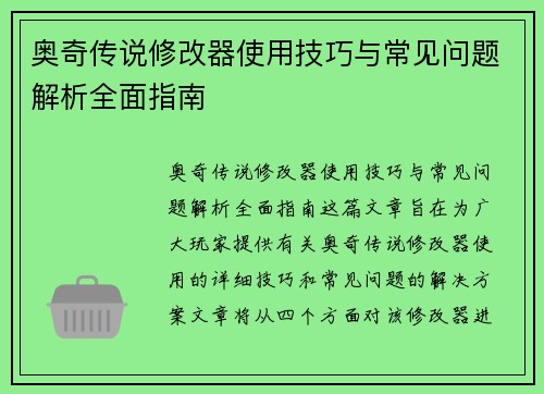 奥奇传说修改器使用技巧与常见问题解析全面指南